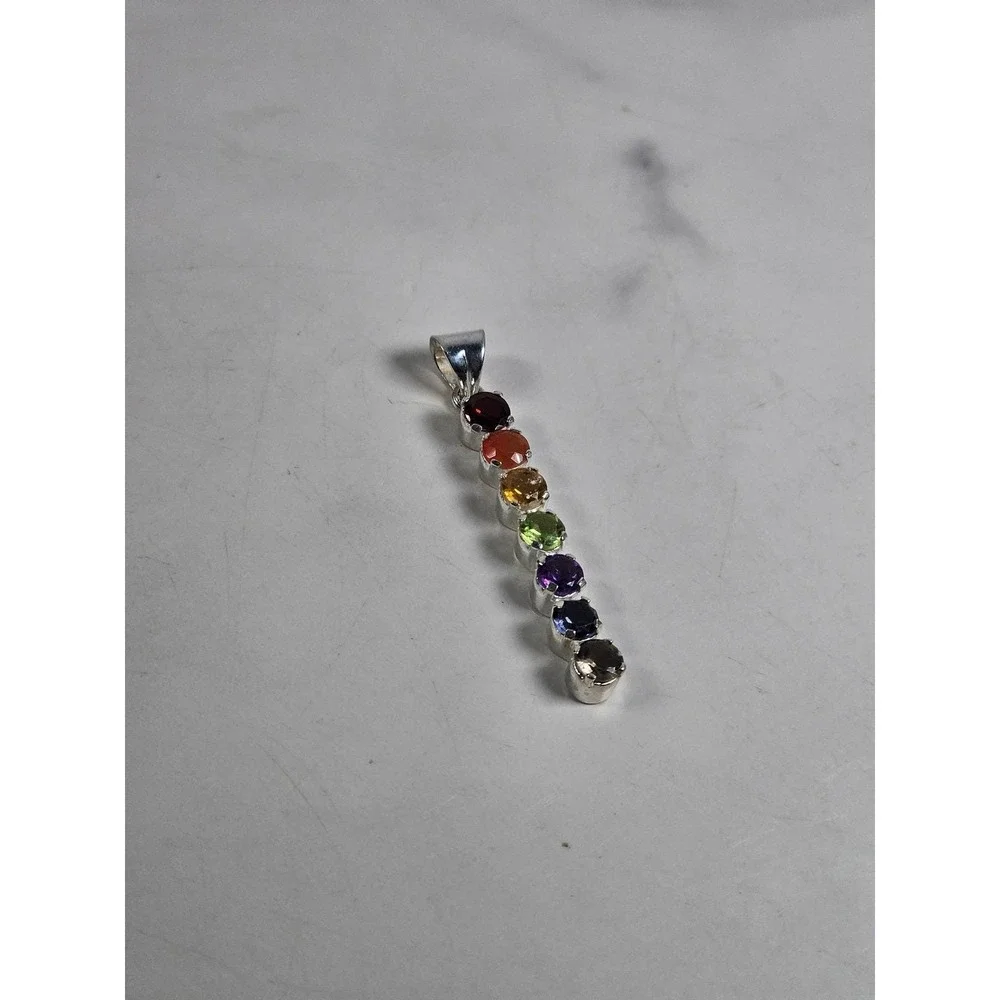 Vintage Sterling Silver Rainbow Gemstone Pendant | Multistone Vertical Charm - Picture 4 of 7
